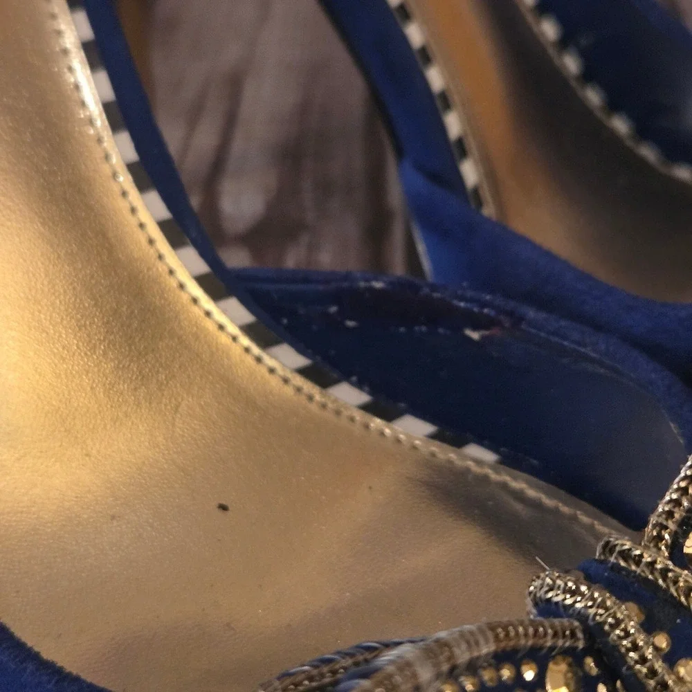 Sz 8 M Betsey Johnson Glisin Blue Suede Studded Bow Peep Toe Heels Pumps Shoes